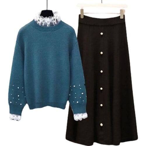 New Autumn Winter Two Piece Set Women Elegant Pearl Beading Knitted Sweater With Lace Collar Black Skirt Suit Ladies Outfits