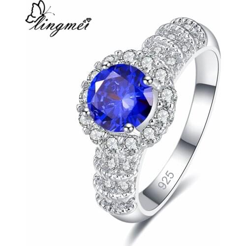 Lingmei Drop Shipping Wedding Band Blue & Red & White Zircon Silver Color Ring for Women Size 6-9 Engagement Jewelry