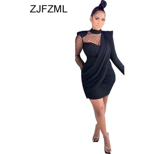 Polka Dot Print Elegant Ruched Pencil Dress Women High Necked Long Sleeve Club Party Dress Sexy Black See Through Bandage Dress