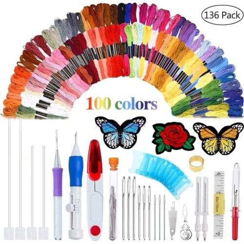 10set Magic Embroidery Pen Punch Needle Kit Craft Embroidery Threads Cross Stitch Embroidery Hoop DIY Knitting Sewing Tools