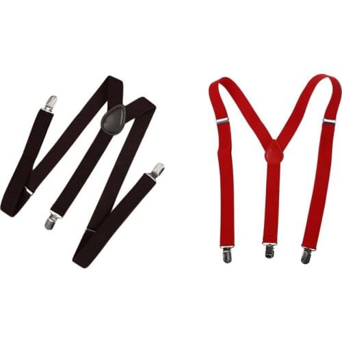 2 Pcs Unisex Clip On Suspender Elastic Y-Shape Back Formal Adjustable Braces, Red & Coffee