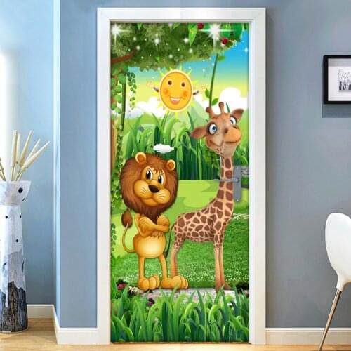 3D Forest Cartoon Animal Lion Giraffe Children Room Kids Room Bedroom Door Decoration Sticker Wall Mural Wallpaper Self-adhesive