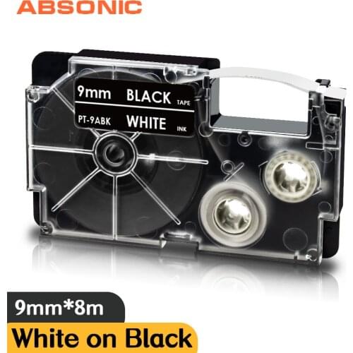 Absonic XR-9WE 9mm Label for Casio XR-9ABK White on Black Printer Ribbon Cassette Tape Replace for Casio KL-60 KL-120 KL-200E