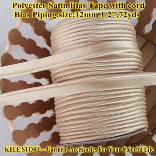 Free Shipping-Polyester satin Bias Tape with cord,Piping tape,size: 12mm,1/2",72yds DIY garment,DIY hand fleshcolor light beige