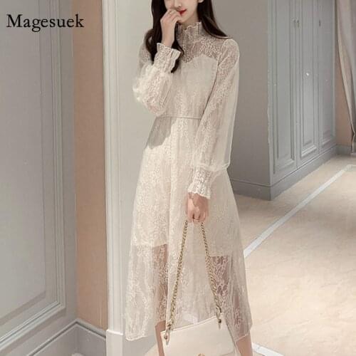 Spring Autumn 2020 New Elastic Waist Thin Bottom Apricot Lace Dress Sweet Stand Collar Lace Ruffled Slim Lady Style Dress 12530