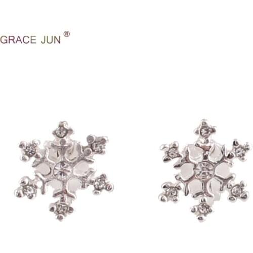 GRACE JUN New Rhienstone Snowflake Shape Small Clip on Earrings for Kids Lovely Fashion No Hole Earrings Anti-allergy Bijouterie