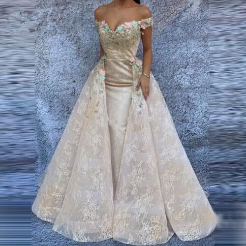 Elegant Muslim Evening Dresses Mermaid Off The Shoulder Lace Flowers Dubai Saudi Arabic Long Evening Gown