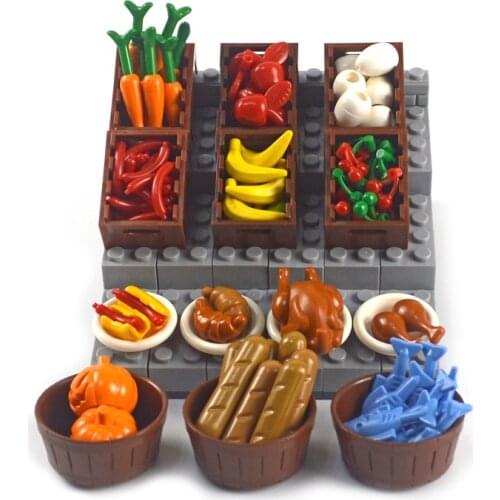 City Accessories Bricks Food Diamond Coins Chicken Pumpkin Fish Fruit eggs jewelry Gems Box Toy MOC Parts DIY Building Blocks