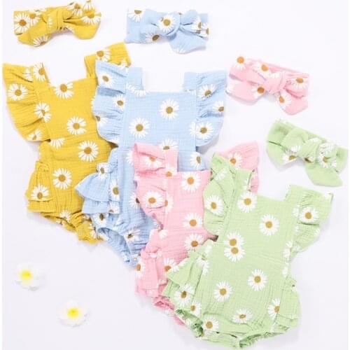 Baby Girl Clothes Bodysuits+Headband Newborn Toddler Summer Daisy Printed Cotton Infant Girls Clothing One-Piece Jumpsuit