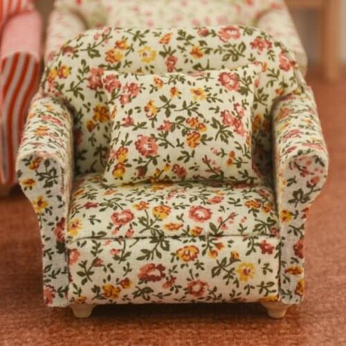 1:12 Doll house Furniture Dot plaid Flower Chair Sofa with pillow Sweet Furniture for doll house armchair Toys Gift