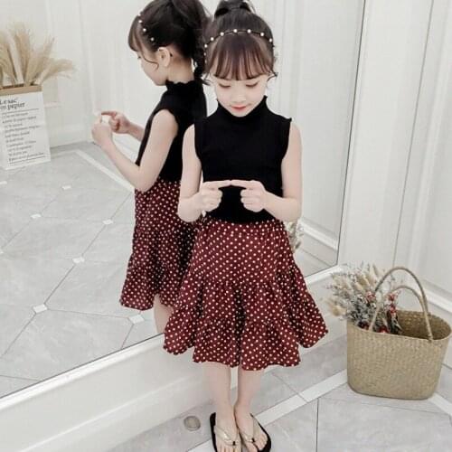 Fashion 2020 girls clothing suit black sleeveless shirt and polka dot chiffon childrens clothes suit casual wear
