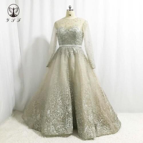 Fashion O Neck Lace Long Sleeve Pleated A Line Floor Length Evening Dresses 2020