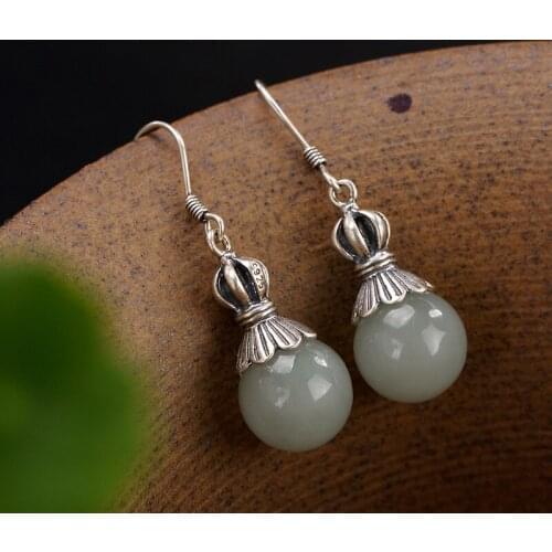 Natural 925 sterling silver inlaid hetian white jade round beads earrings jewelry simple individuality for women earings