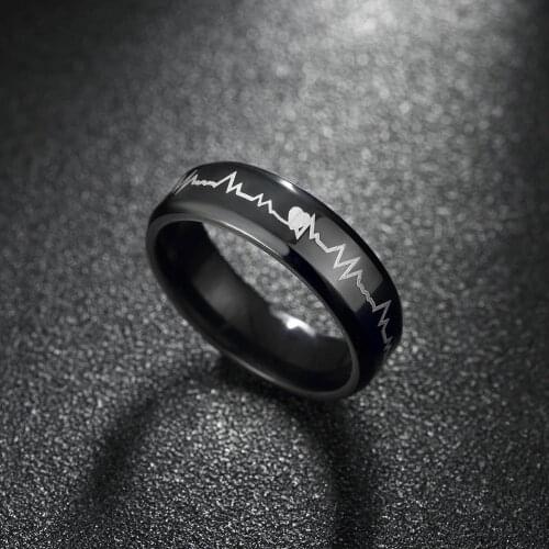 New Fashion Personality Black Heartbeat Stainless Steel Band Ring for lovers Best Gifts