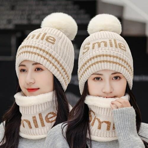 New Hat & Scarf Set Women Letter Winter Knitted Hats Add Fur Lined Warm Winter Hats For Female Keep Face Warmer Pompoms Cap