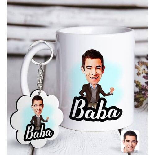 Personalized Dad Caricature Of White mug And Keychain Gift Seti-1