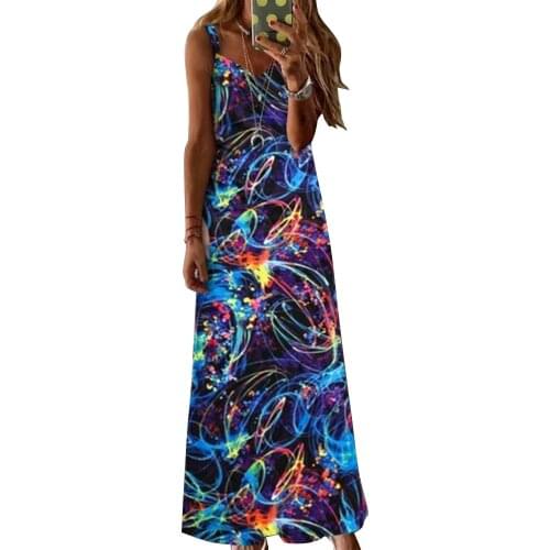 Women V-Neck Spaghetti Strap Print Midi Dress Cami Summer Sexy Ladies Party Long Dresses Fashion Female Sleeveless Vestidos D30