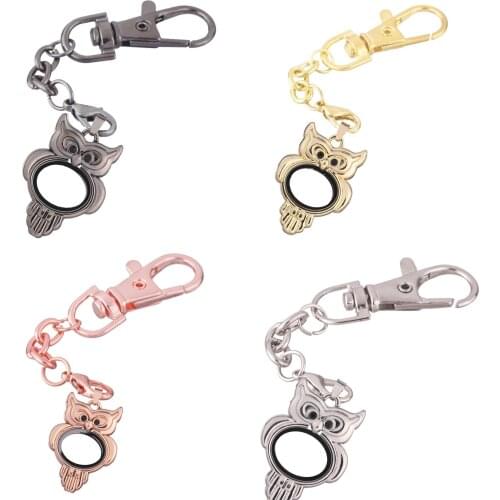 1pcs One owl round Rhinestone Alloy Floating charm Locket Keychain with Lobster clasp DIY twist memory Glass locket Key chain