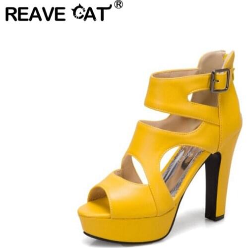 REAVE CAT Women New 2021 Platforms Sandals Zip Buckle Open Toe 11cm Heel Office Career Party Sexy White Big size 34-50 A3966