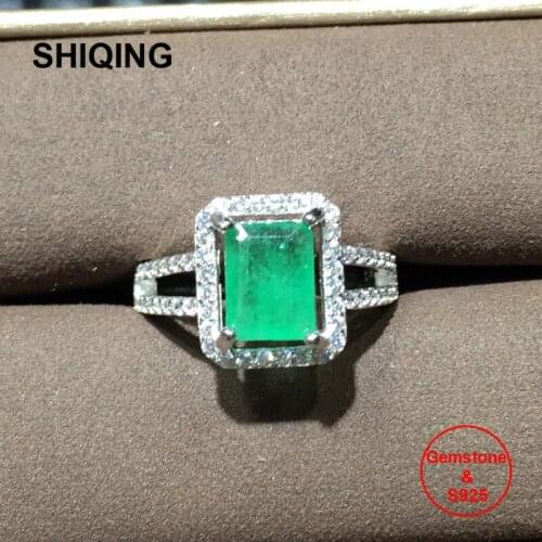 SHIQING Nature Emerald gemstone square rectangle shaped sterling silver rings for wedding , luxury ring