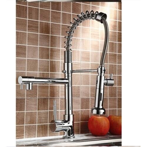 Uythner Chrome Basin Kitchen Faucet Pull Out Dual Spouts Spring Brass Kitchen Faucet Hot and Cold Mixer Tap Deck Mounted