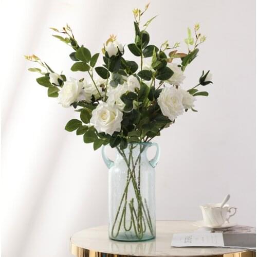 High Quality 3 Head Real Touch Rose Flowers Bundle Silk Penoy Rose Artificial Flower Bouquet Wedding Table Decor Home Decoration