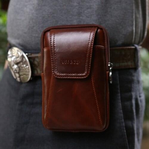 YIANG Brand Genuine Leather Mens Fanny Packs Cowhide Hip Bum Belt Bag Mini 6 inch Mobile Phone Bag Vintage Leather High Quality