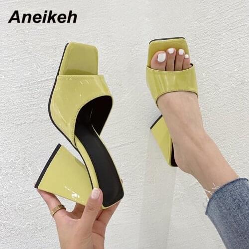Aneikeh Summer Red Women Slides 2021 Shoes Shallow PU Fashion Casual Square Heel Concise Outside Peep Toe Solid New Size 35-41