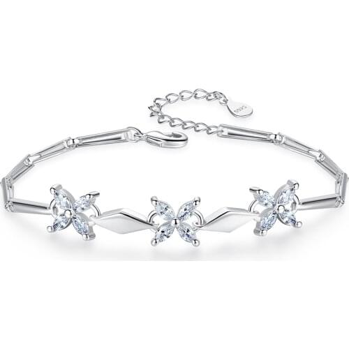 Authentic S925 Sterling Silver Crystal Clover String Bracelet Bangle For Women Girl Lady Wedding Birthday Gift