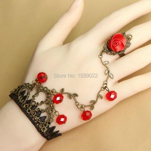 Trendy Gothic Women Black Lace Bracelet with Ring Red Grass Crystal Hand Jewellery Victorian Style Accessories Birthday Gift