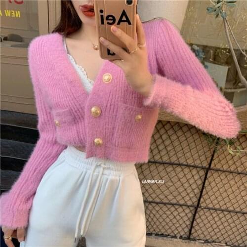 2021 Spring Autumn Women New Fashion V-Neck Long Sleeve Gold Button Decoration Pocket Cardigan Elegant Ladies Knit Sweater