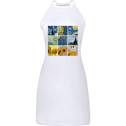 Women Sexy Dress 2020 Spoof Van Gogh Art Print White Mini Night Club Dress Vestidos Sling Pack Hip Evening Party Bodycon Dress