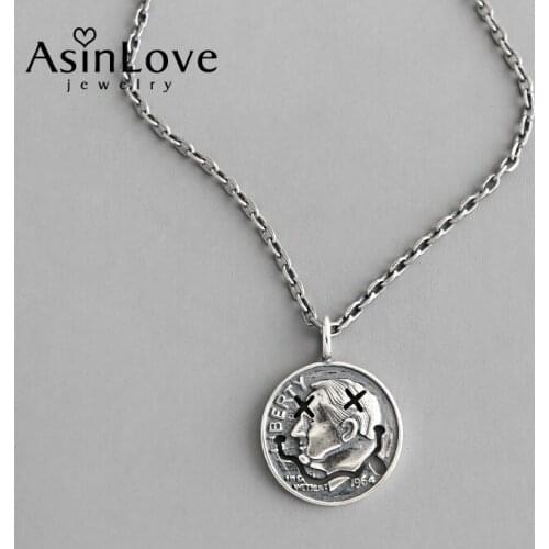 AsinLove Vintage Portrait Coin Round Pendant Necklace Real 925 Sterling Silver Necklaces for Women Personality Handmade Jewelry