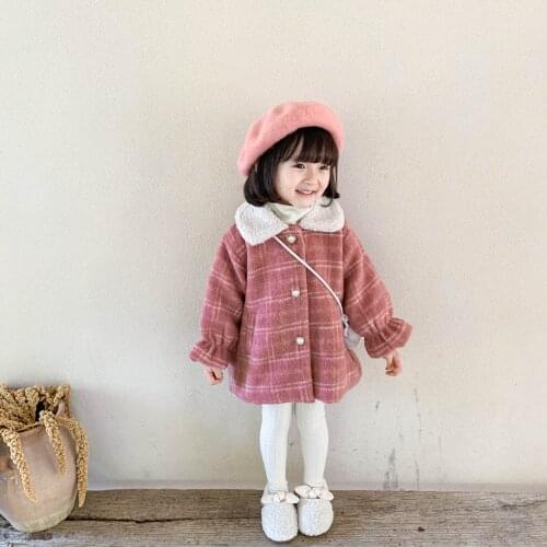 Winter girls fashion woolen loose coats 2020 baby girl plaid warm long jackets outwears