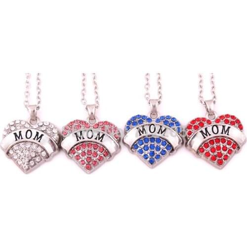1 inch*1 inch New Arrival rhodium plated big hearts MOM with crystals heart chain necklace