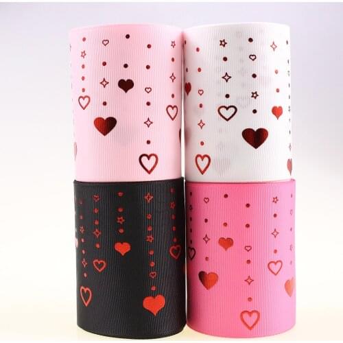3"(75mm) Red gold foil printed romantic heart, stars, dots chain grosgrain ribbon,25/50/100 yards per lot