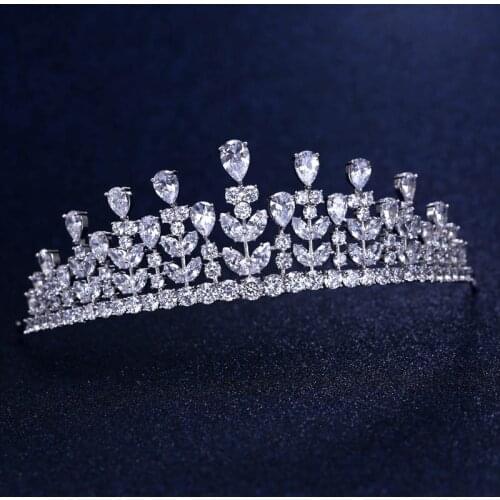 Accking Top Quality Wedding Bridal Bridesmaid leaf Cubic Zirconia Girls white plated zircon tiara crown / headband For Prom