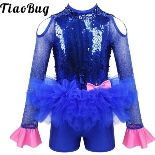 TiaoBug Kids Shiny Sequins Gymnastics Leotard for Girls Jumpsuit Tutu Ballet Dress Performance Modern Jazz Lyrical Dance Costume