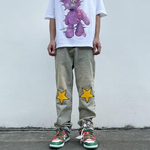 Retro Jeans Mens Embroidered Stars Jeans Mens Streetwear Loose Man Wide Leg Pants Straight Hip Hop Pants Fashion Men Clothing