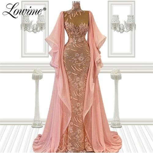 Elegant Pink Formal Evening Dress Puffy Long Sleeves Flowers Party Dress For Weddings 2021 Mermaid Plus Size Women Prom Gowns