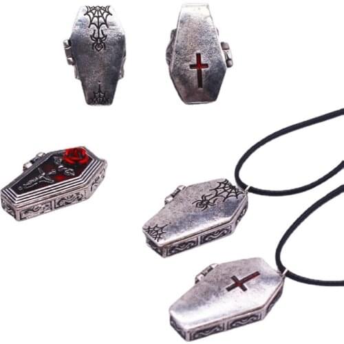 Gothic Dark Couple Necklace Coffin Cross Rose Flower Pendant Punk Halloween Necklace for Women Fashion Jewelry New Friends Gifts