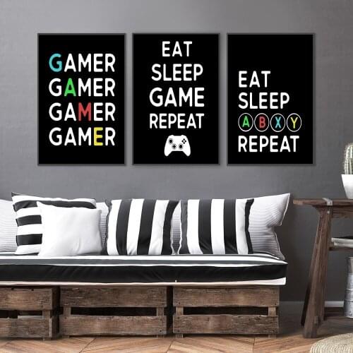 Eat Sleep Game Repeat Quote Gamer Posters and Prints Game Wall Art Picture Canvas Painting for Boys Kids Nursery Room Home Decor