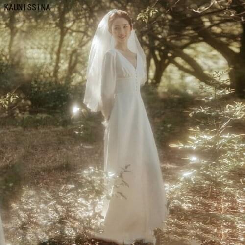 KAUNISSINA Wedding Dresses 2021 vestido de novia V-neck Long Sleeve Wedding Gowns A-Line White Simple Brides Marriage Dress