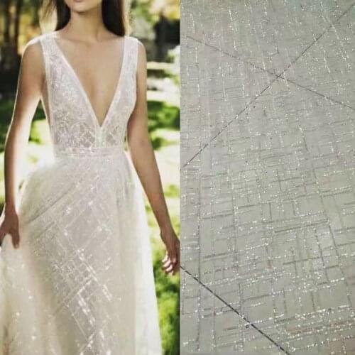 Free shipping (5yards/pc) high quality white and silver African sequins lace fabric French lace fabric for wedding dress FNJ62