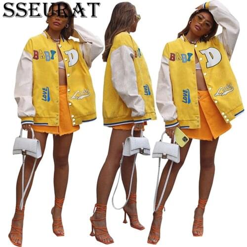 SSEURAT Womens Coats and Jackets High Street Hip Hop Baseball Uniforms Street Casual Coat Loose Patchwork Jacket Tops Autumn