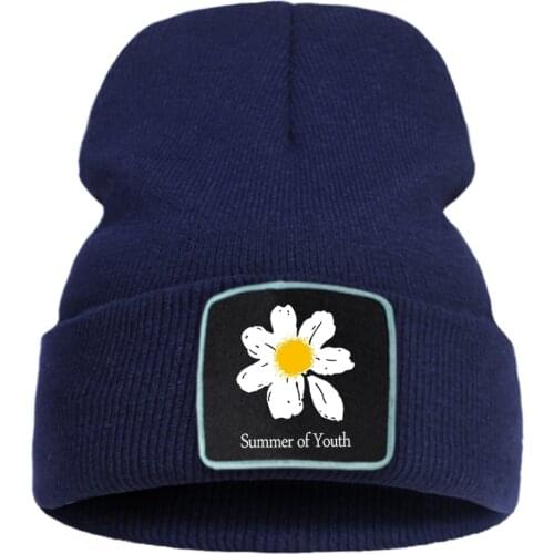 Summer Of Youth Daisy Kawaii Printed Mens Knitted Hats Cotoon Keep Warm Winter Hat For Girl Solid Color Simple Women Autumn Cap