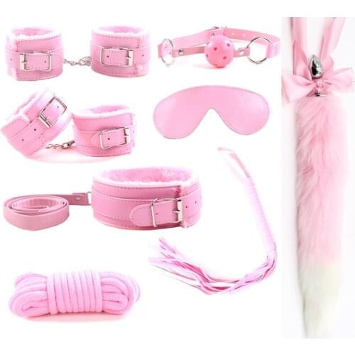 Cute Metal Fox Tail Butt Anal Plug Handcuffs Whip Rope Gag bdsm Bondage Set Erotic Sex Toys Product For Adult Woman Men 8Pcs/Set