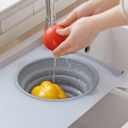 Multi-Functional Cutting Board Sink Strainer Collapsible Drain Basket Vegetable Fruit Space Saving for Kitchen Household