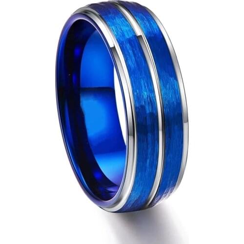 8mm Men Rings Stainless Steel Ring Blue Grooved Brushed Vintage Rings For Men Wedding Anniversary Party Gift Accessories