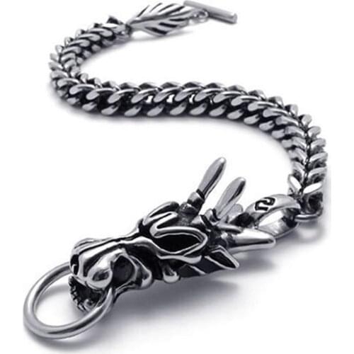 Mens Jewelry Bracelet Stainless Steel Dragon Biker Black Silver
